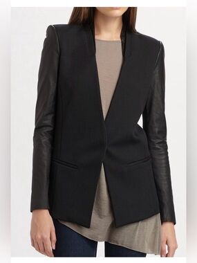 Helmut Lang Black Wool Blazer with Genuine Leather Collar and Sleeves